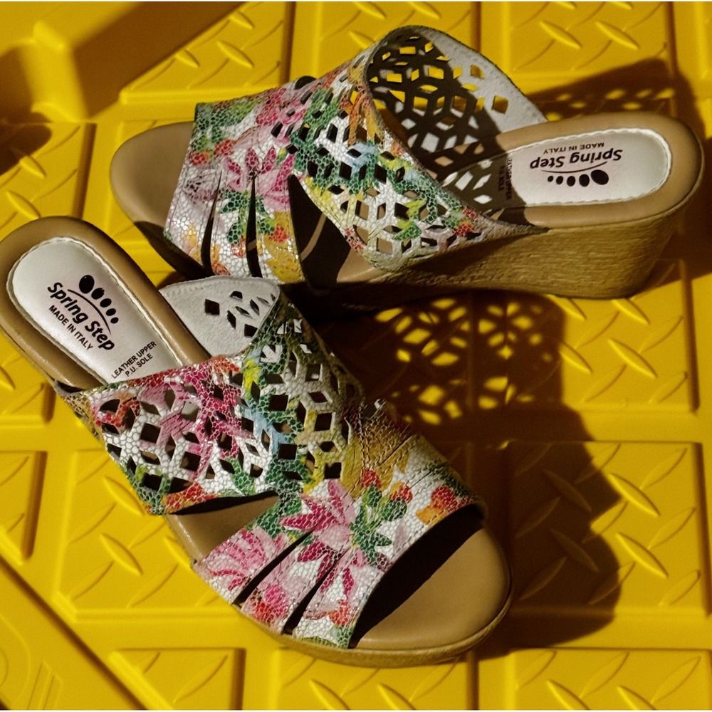 Spring Step Multicolor Leather Cutout Wedge Sandals Size 38/8 Made‎ in Italy - Picture 4 of 6